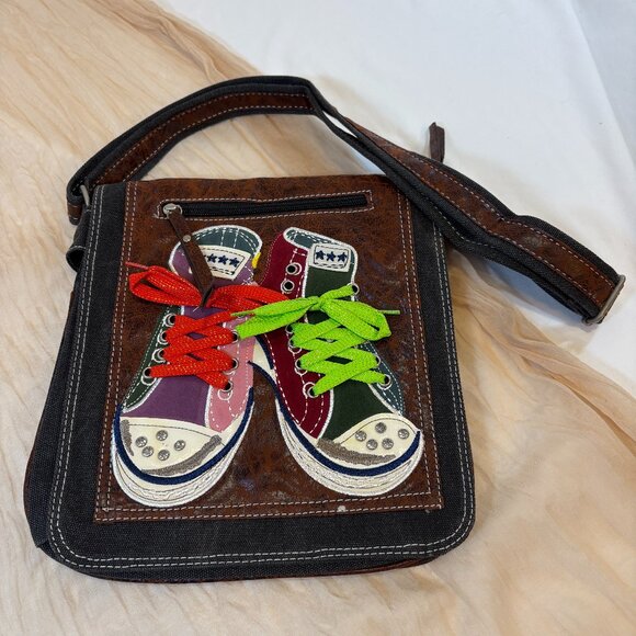 Canvas Crossbody Messenger Bag Sneaker Appliqué Black Brown Y2K 2000s Purse - Picture 1 of 14